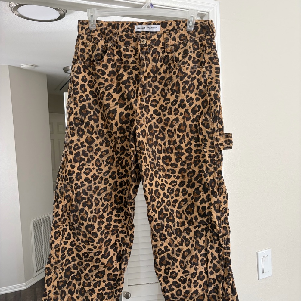 Bershka Leopard Print Jeans in Tan and Black